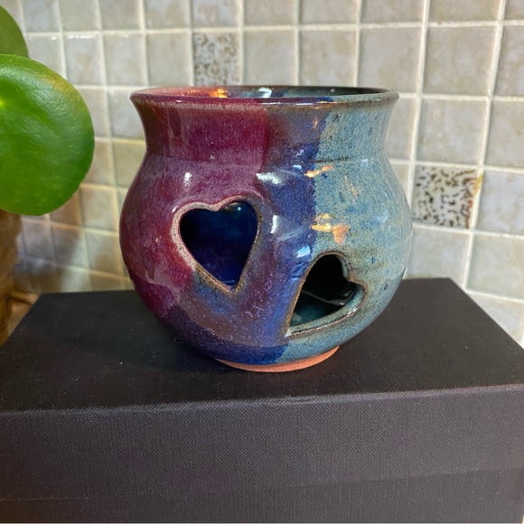 Vintage Pottery Set whimsical colours & heart candle holder jewelry dish catchal - Picture 3 of 12